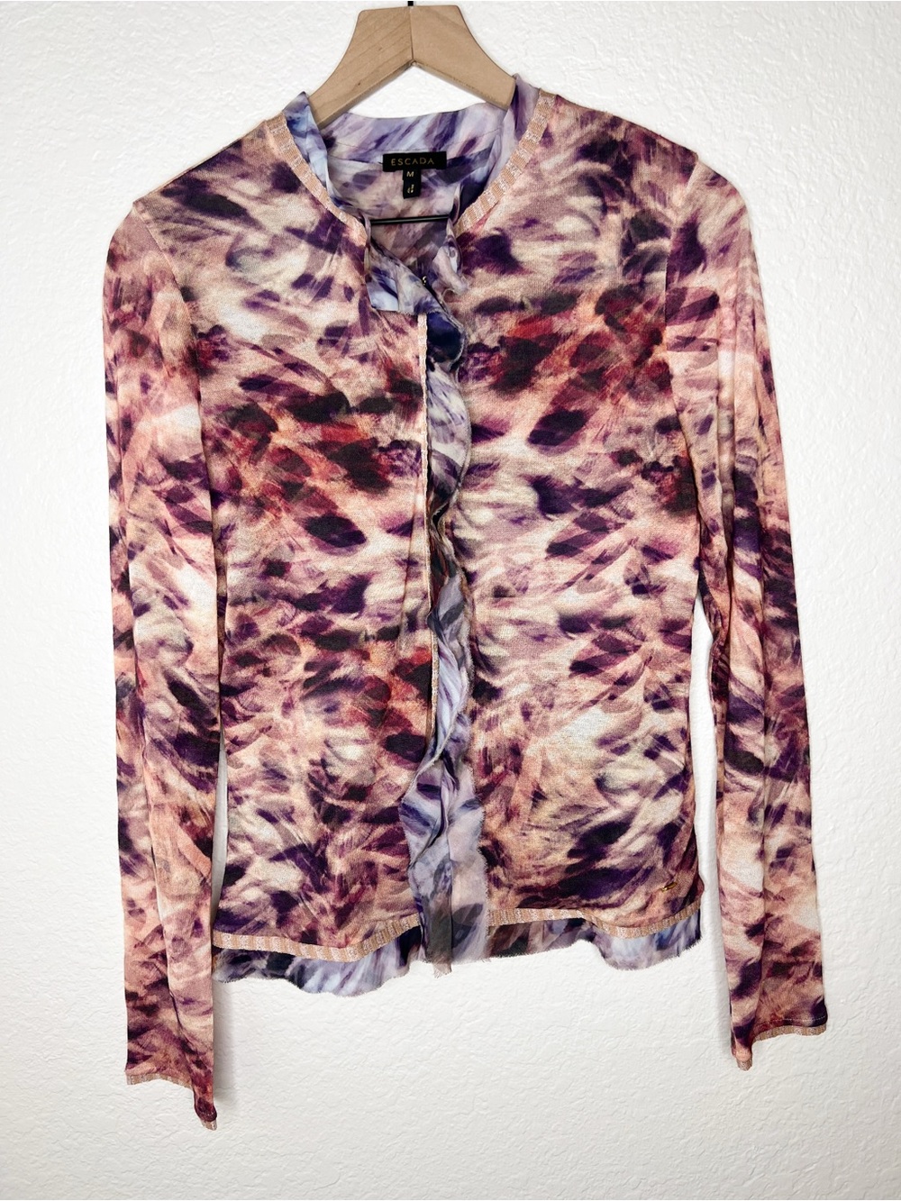 Escada Fantasy Print Hook Closure Blouse Ruffle Cardigan Watercolor size Medium